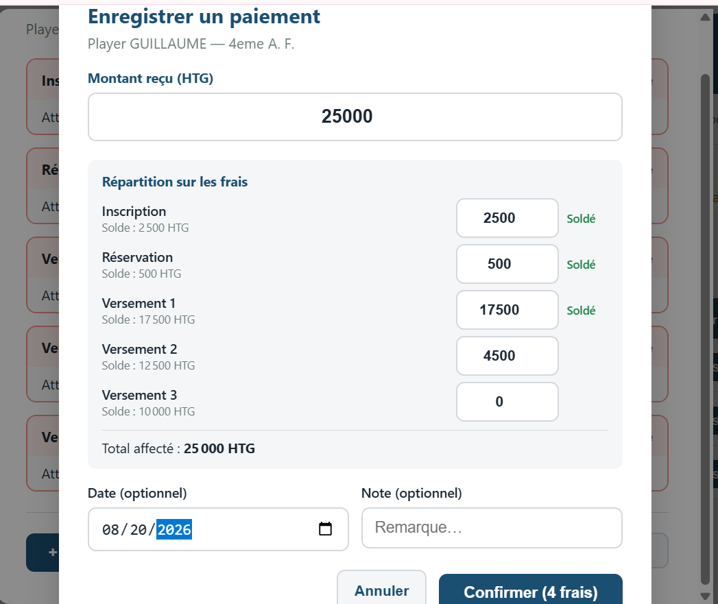 Répartition des paiements sur les frais scolaires