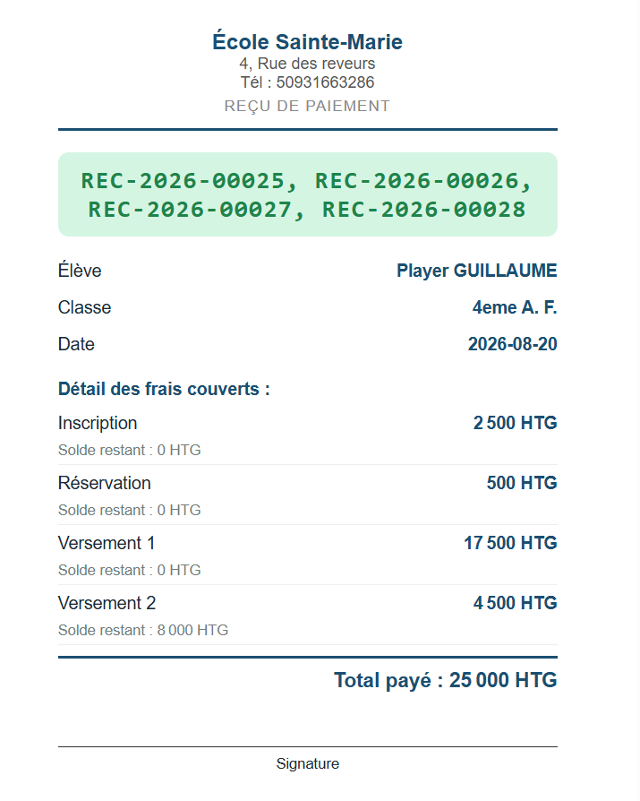 Reçu de paiement imprimé
