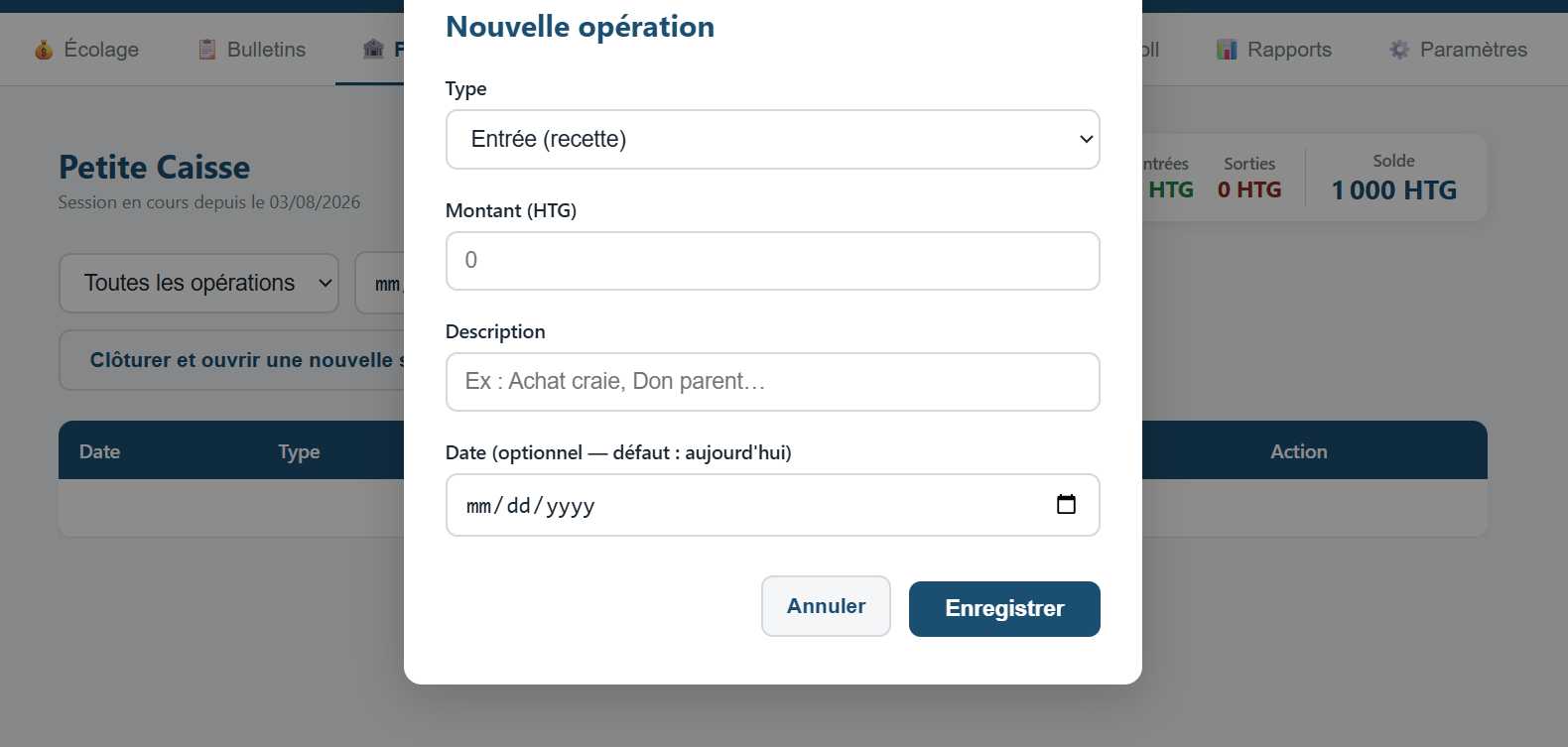 Formulaire de transaction en petite caisse