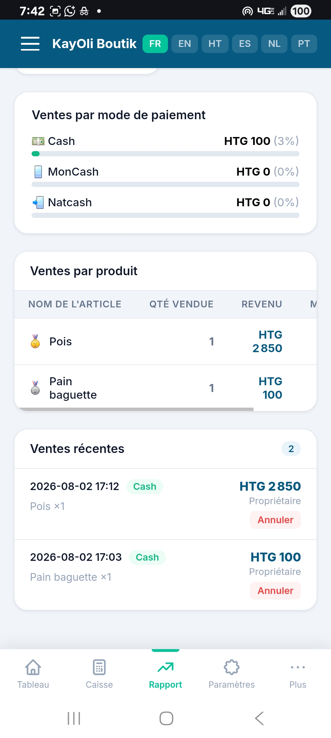 ShopPilot — Filtrage du rapport de ventes